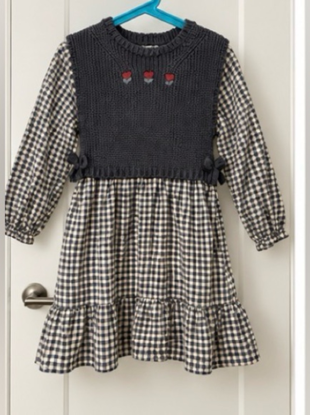 Zara Charcoal Knit Bodice Gingham Dress with Red Heart Details